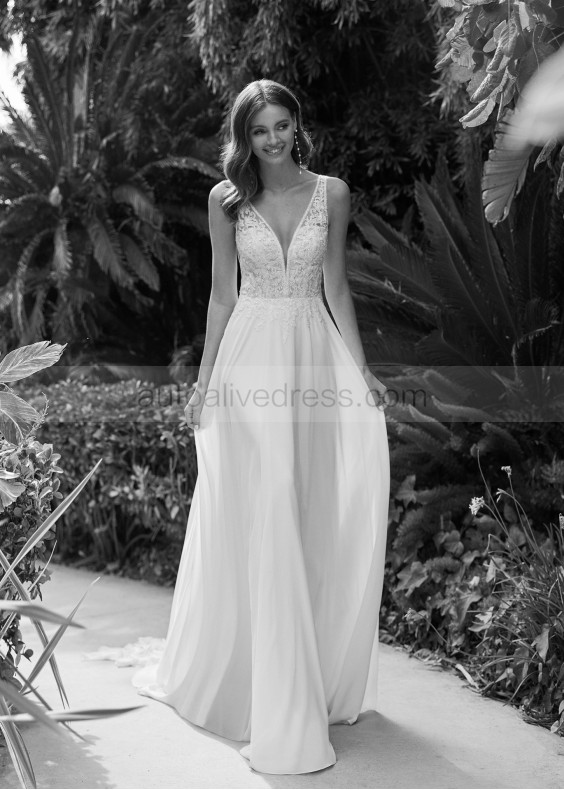 V Neck Beaded Ivory Lace Chiffon Airy Wedding Dress